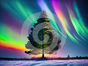 Beautiful northern lights dancing on the winter night sky.