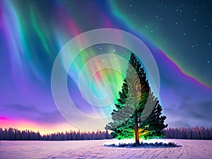 Beautiful northern lights dancing on the winter night sky.