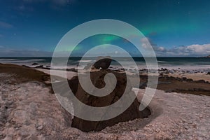 Beautiful Northern Lights in Lofoten Island in Norway. Aurora Boreal over the beach. Majestic green night sky.  Nightscape full of