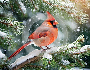 Beautiful northern male cardinal sitting on evergreen branch in winter