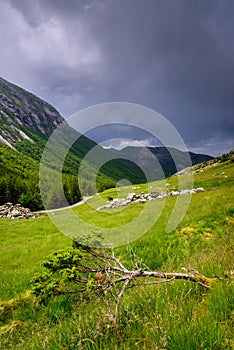 Beautiful Norwegian landscape in the mountains on the coast of Lysefjord, Jorpeland