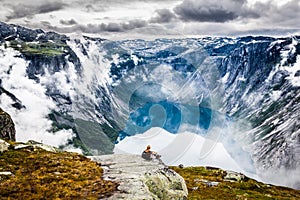 Beautiful norwegian landscape with mountains on the the way to t