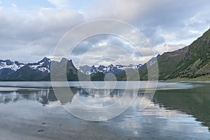 Beautiful Norwegian landscape. view of the fjords. Norway ideal fjord reflection in clear water