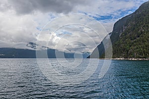 Beautiful Norwegian landscape. view of the fjords. Norway ideal fjord reflection in clear water. selective focus