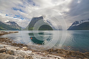 Beautiful Norwegian landscape. view of the fjords. Norway ideal fjord reflection in clear water. selective focus