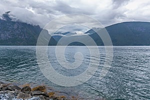 Beautiful Norwegian landscape. view of the fjords. Norway ideal fjord reflection in clear water. selective focus