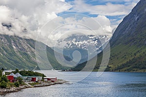 Beautiful Norwegian landscape. view of the fjords. Norway ideal fjord reflection in clear water. selective focus