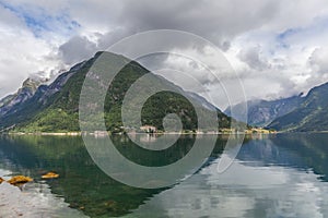 Beautiful Norwegian landscape. view of the fjords. Norway ideal fjord reflection in clear water. selective focus