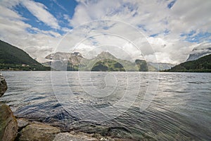 Beautiful Norwegian landscape. view of the fjords. Norway ideal fjord reflection in clear water. selective focus