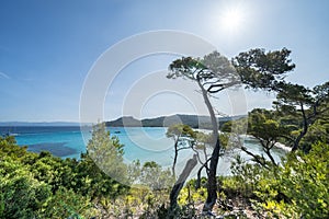 Beautiful Notre Dame beach (Plage Notre-Dame) on Porquerolles island (l\'le de Porquerolles), France