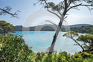 Beautiful Notre Dame beach (Plage Notre-Dame) on Porquerolles island (l\'le de Porquerolles), France