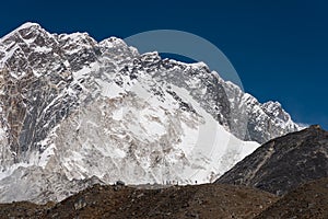 Beautiful Nuptse mountain peak view from Lobuche village in Everest region in Himalaya mountain range, Nepal