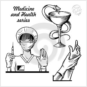 Beautiful Nurse with stethoscope. Medicine and health care. Medical sign. Hands in sterile gloves. Vector illustration