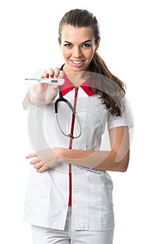 Beautiful Nurse in white-red dress showing thermometer