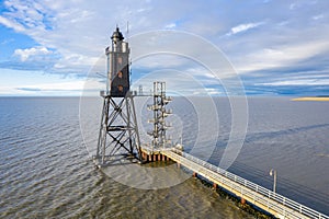 Beautiful Obereversand lighthouse Leuchtturm of North Sea near Bremen, Bremerhaven and Weser river. Dorum-Neufeld, Germany