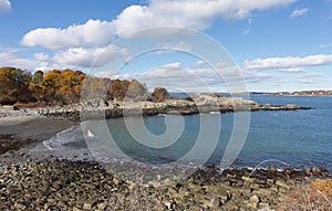 Beautiful ocean cove landscape on sunny fall day in Maine