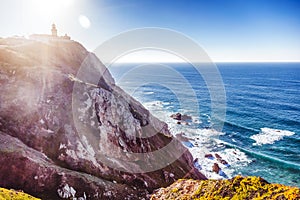 Beautiful ocean landscape, rocks and waves. Cape Roca, Portugal, The westernmost point of Europe and a popular destination for tr