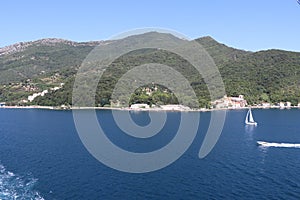 Beautiful ocean and mountain views along the coast of Kotor Bay in Montenegro