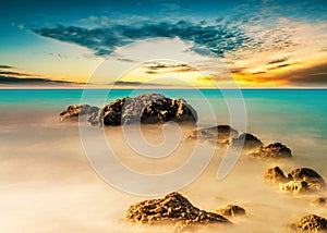 Beautiful ocean scenic with Rocks Floating on the Sea, Long Expo