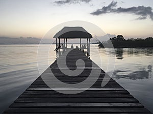 Beautiful ocean view with clean water, evening or night Amazing background of island, Caribbean, Lagoon Bacalar. Calm secluded