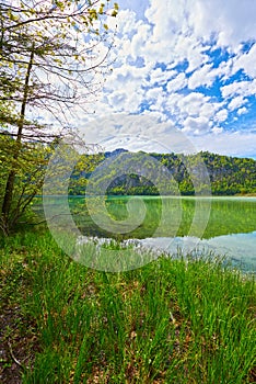 Beautiful Offensee lake landscape with mountains, forest, clouds and reflections in the water in Austrian Alps