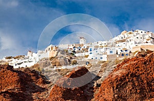 beautiful Oia town and caldera from old port Amoudi, Santorini island in Aegean sea, Greece