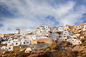 beautiful Oia town and caldera from old port Amoudi, Santorini island in Aegean sea, Greece