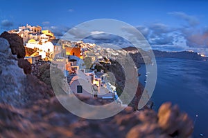 Beautiful Oia village at night on Santorini island in Greece