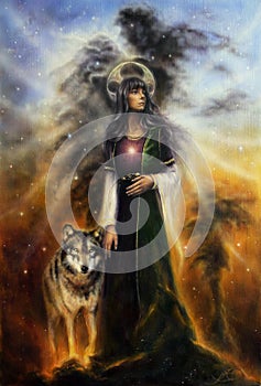 Krásny olej maľovanie na plátno z mystické víla kňažka vlk podľa jej strana 