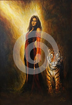 beautiful oil painting on canvas of a mystical woman in historical dress with a mighty tiger by her side