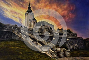 Beautiful oil painting of a church, staircase and old castle walls on canvas photo