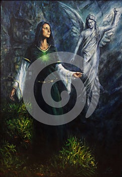 beautiful oil painting of a mystical woman in historical dress having a visionary encounter with her guardian angel in a temple of