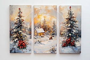 Oil paintings artwork, winter Christmas scenic photo