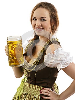 Beautiful Oktoberfest waitress holding beer