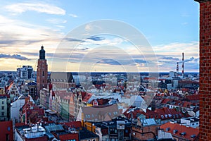 Beautiful, old architecture of the old town of Wroclaw, on a sunset. Aerial view. Wroclaw. Poland