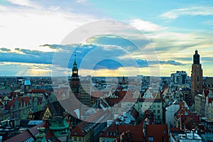 Beautiful, old architecture of the old town of Wroclaw, on a sunset. Aerial view. Wroclaw. Poland