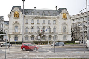 A beautiful old building on the street view across the street