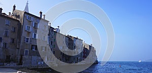 Beautiful old buildings of different colours in Adriatic coast in city of Rovinj, Croatia