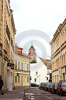 Beautiful old buildings in a European city. Typical atmosphere of architectural element in Vilnius