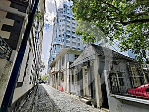 Beautiful old cobbled stone street in the capital of Mauritius Port Louis.