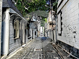 Beautiful old cobbled stone street in the capital of Mauritius Port Louis.