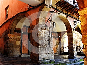 Colors and ancient stones in this corner of the Plaza Mayor de LeÃÂ³n, Spain photo