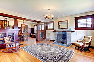 Beautiful old craftsman style home living room interior