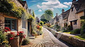 Beautiful old English street with stone made cottages and flower gardens