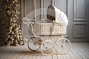 Beautiful old fashioned white pram in white room