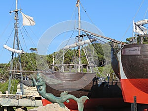 Beautiful old galleons wooden sailboats port pirates photo