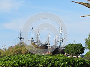 Beautiful old galleons wooden sailboats port pirates photo