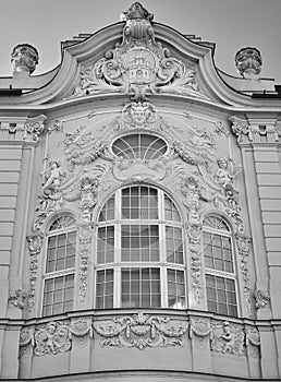 Beautiful old historical ornate window in black and white somewhere in Bratislava, Slovakia