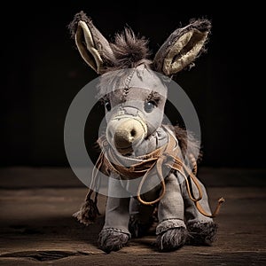 beautiful old stuffed donkey toy on dark background