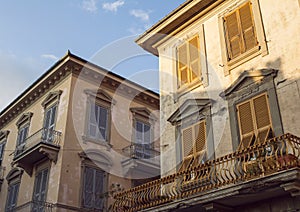 Beautiful, old sunlit house facades in Levanto, Italy.
